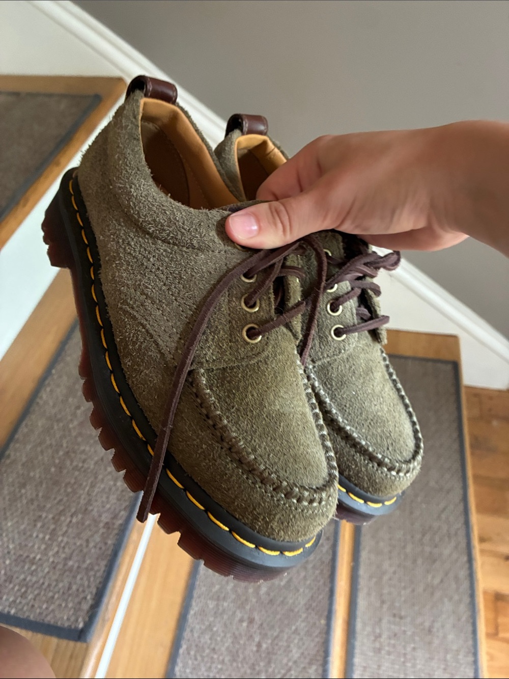Dr. Martens Olive Green Suede Lace-Up Shoes with Yellow Stitching